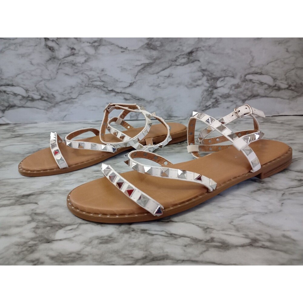 Forever White Strappy Studded Flat Sandals Size 10